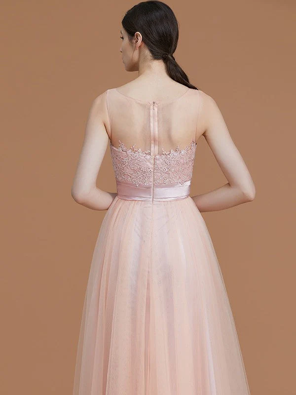 Modern Bateau Sleeveless Applique Tulle Bridesmaid Dresses - Image 7