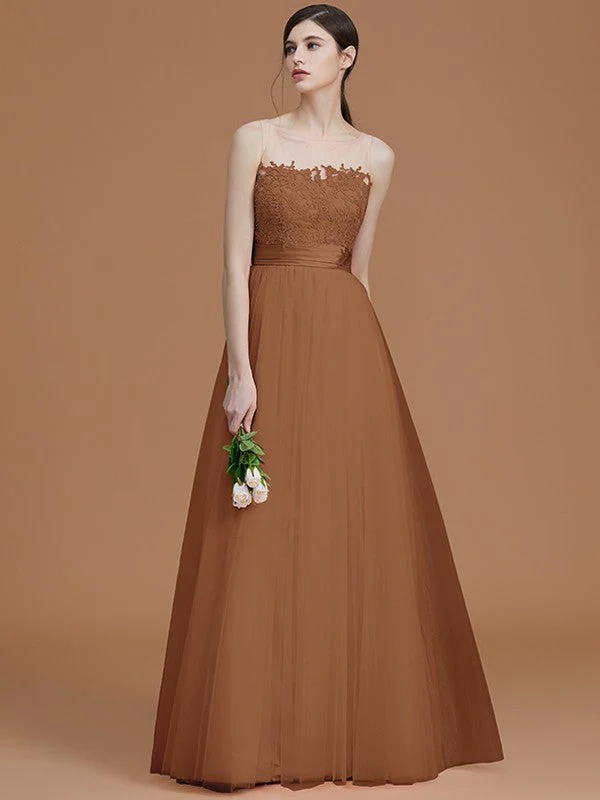 Modern Bateau Sleeveless Applique Tulle Bridesmaid Dresses - Image 8