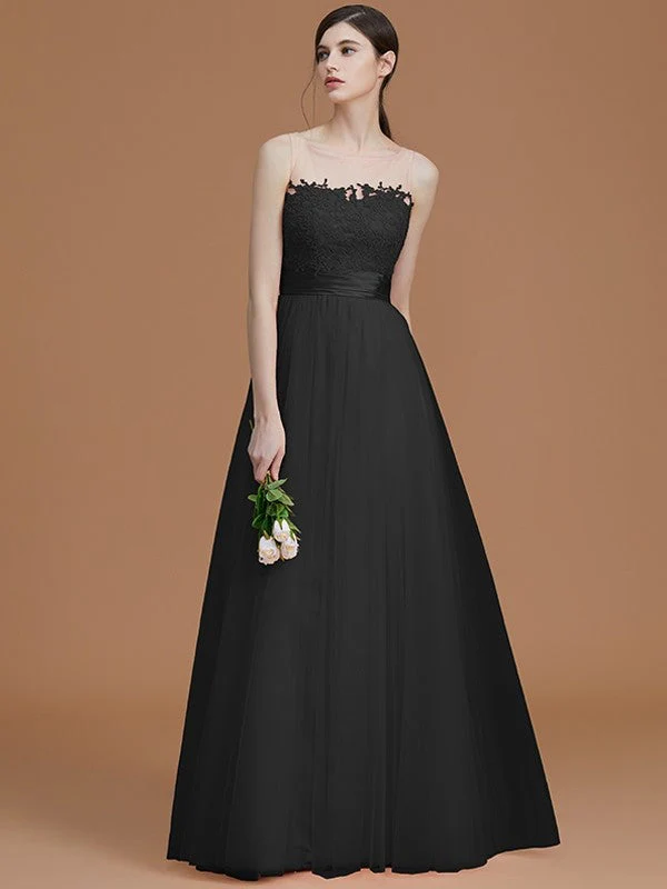 Modern Bateau Sleeveless Applique Tulle Bridesmaid Dresses - Image 9