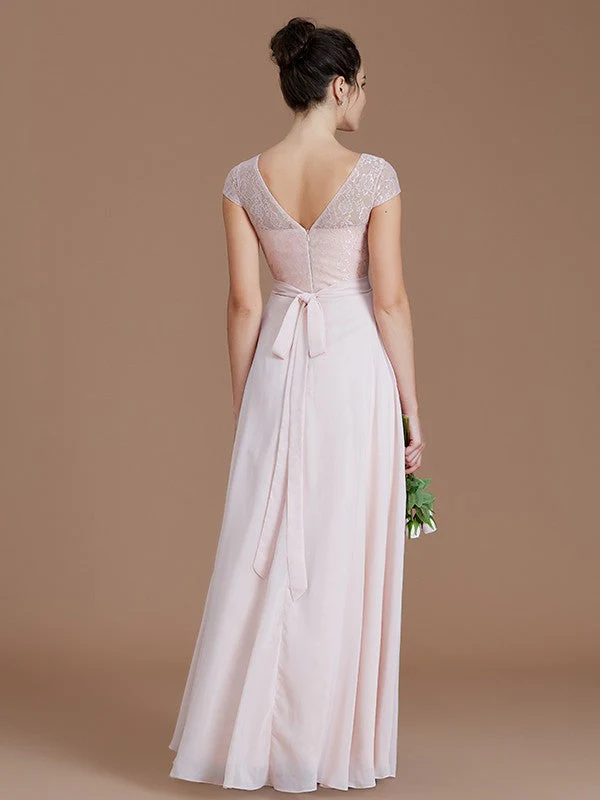 Modern Bateau Sleeveless Lace Chiffon Bridesmaid Dresses - Image 35