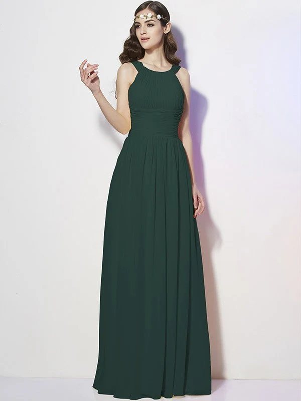Modern Bateau Sleeveless Pleats Long Chiffon Bridesmaid Dresses - Image 10