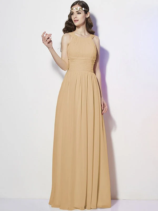 Modern Bateau Sleeveless Pleats Long Chiffon Bridesmaid Dresses - Image 11