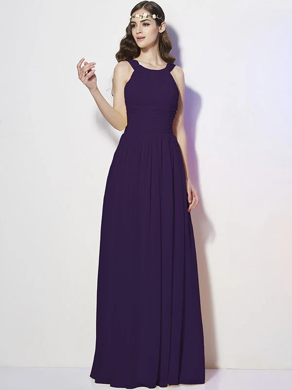 Modern Bateau Sleeveless Pleats Long Chiffon Bridesmaid Dresses - Image 12