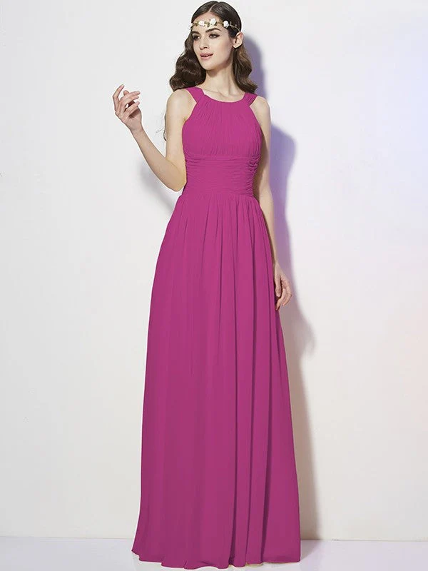 Modern Bateau Sleeveless Pleats Long Chiffon Bridesmaid Dresses - Image 13