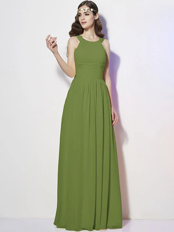 Modern Bateau Sleeveless Pleats Long Chiffon Bridesmaid Dresses - Image 14