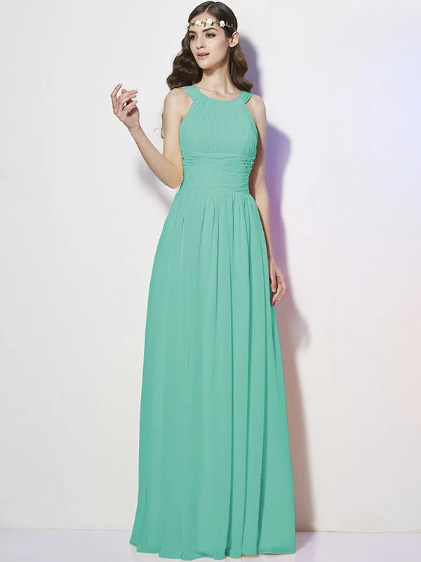 Modern Bateau Sleeveless Pleats Long Chiffon Bridesmaid Dresses - Image 15