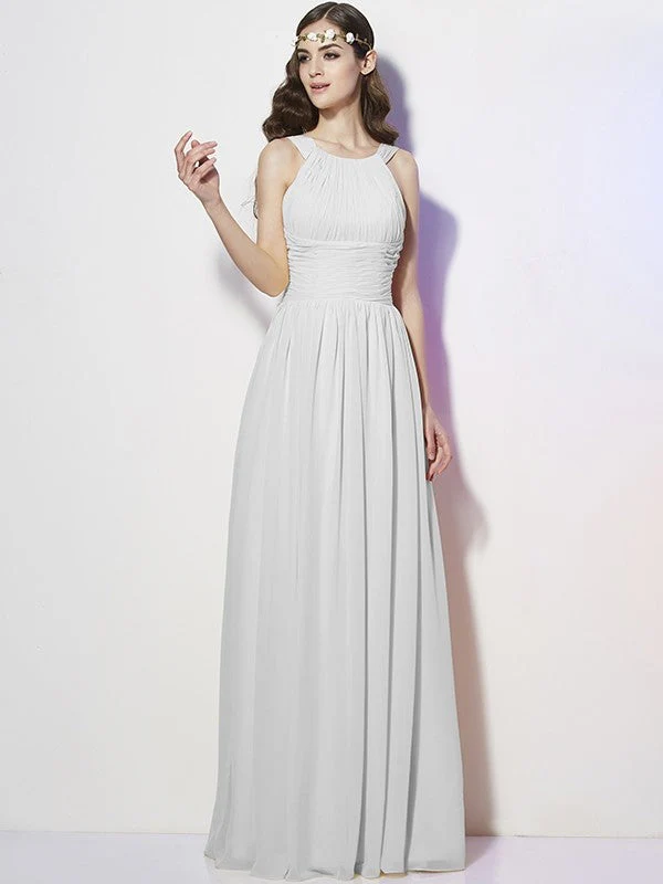 Modern Bateau Sleeveless Pleats Long Chiffon Bridesmaid Dresses - Image 16