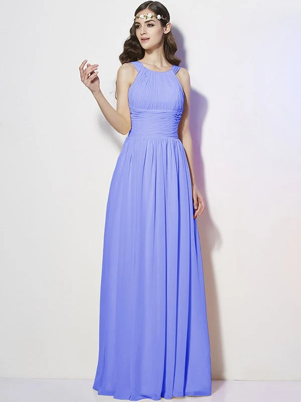 Modern Bateau Sleeveless Pleats Long Chiffon Bridesmaid Dresses - Image 17