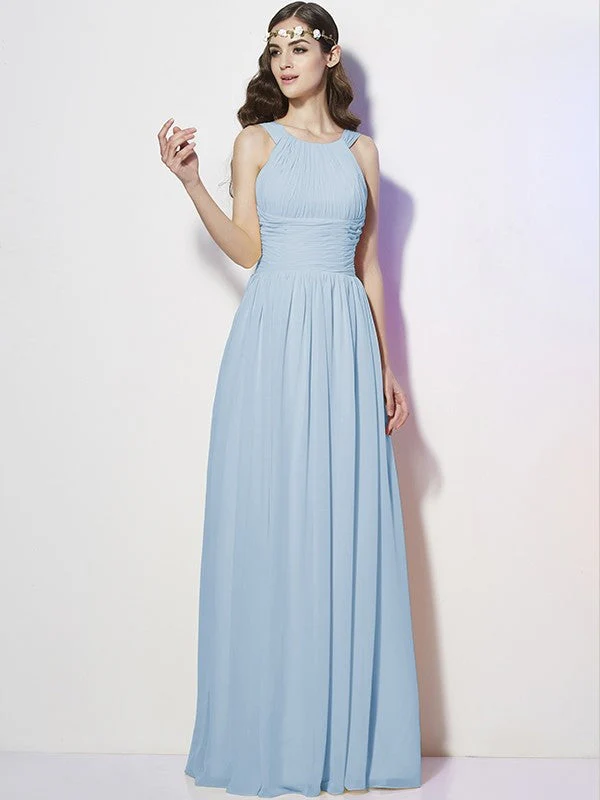 Modern Bateau Sleeveless Pleats Long Chiffon Bridesmaid Dresses - Image 18