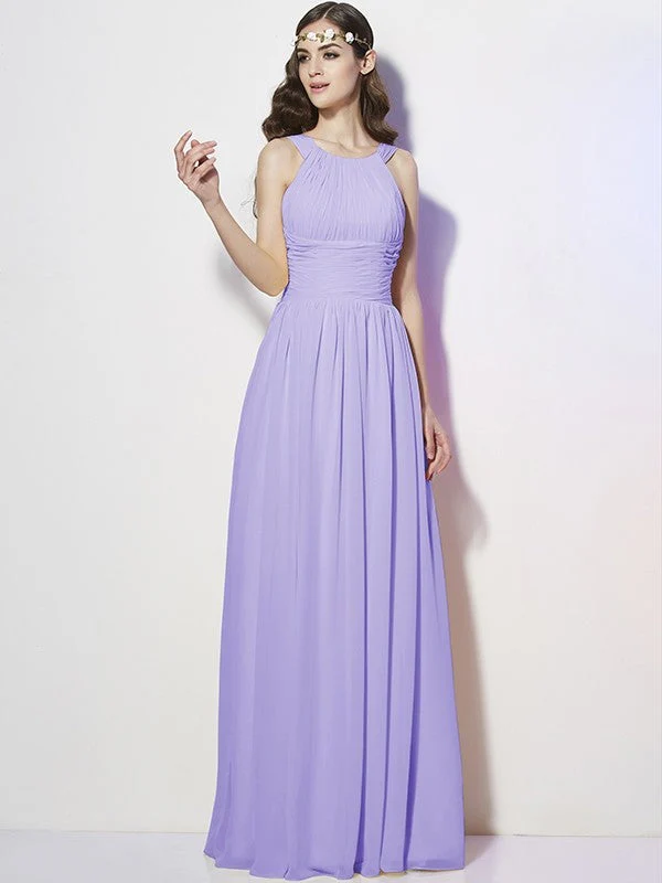 Modern Bateau Sleeveless Pleats Long Chiffon Bridesmaid Dresses - Image 19