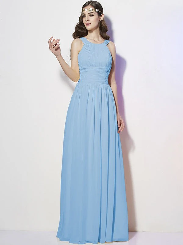 Modern Bateau Sleeveless Pleats Long Chiffon Bridesmaid Dresses - Image 2