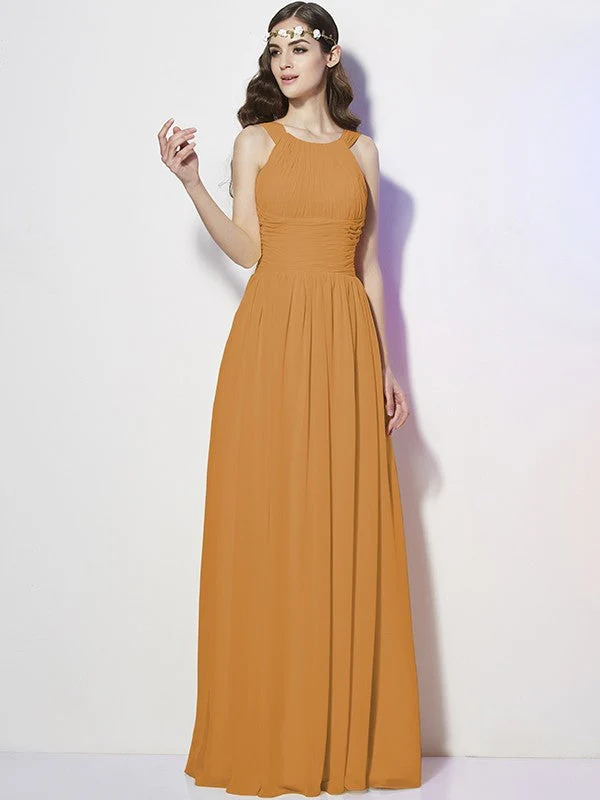 Modern Bateau Sleeveless Pleats Long Chiffon Bridesmaid Dresses - Image 20