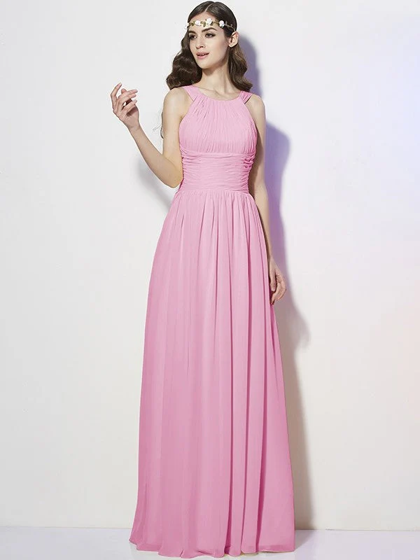 Modern Bateau Sleeveless Pleats Long Chiffon Bridesmaid Dresses - Image 21