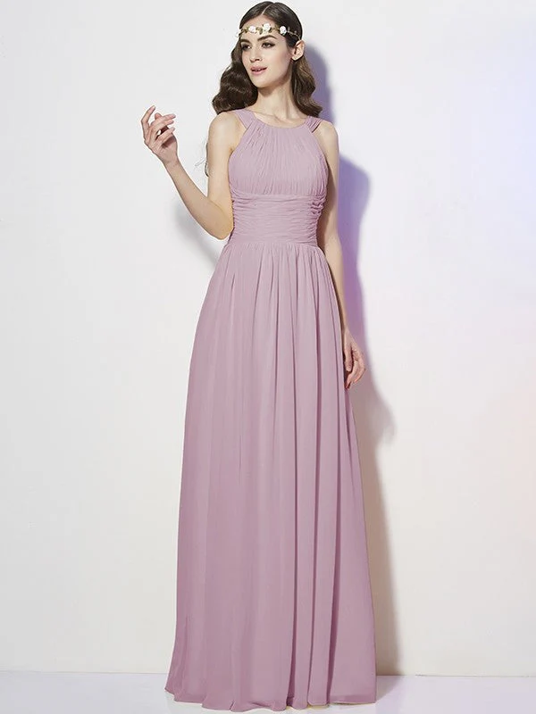 Modern Bateau Sleeveless Pleats Long Chiffon Bridesmaid Dresses - Image 22