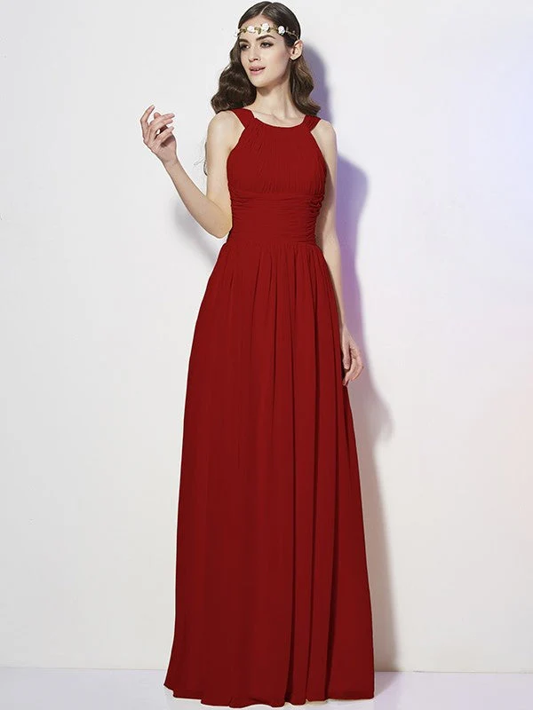 Modern Bateau Sleeveless Pleats Long Chiffon Bridesmaid Dresses - Image 23