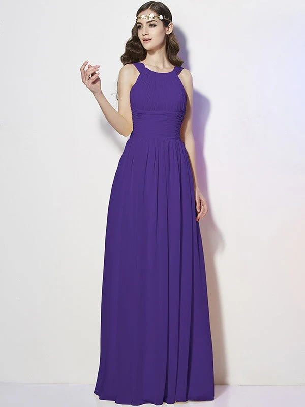 Modern Bateau Sleeveless Pleats Long Chiffon Bridesmaid Dresses - Image 24