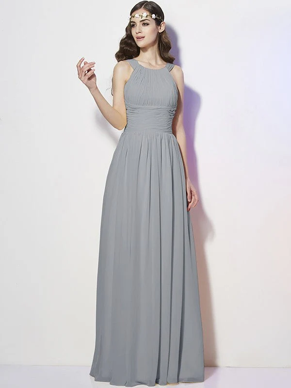 Modern Bateau Sleeveless Pleats Long Chiffon Bridesmaid Dresses - Image 25
