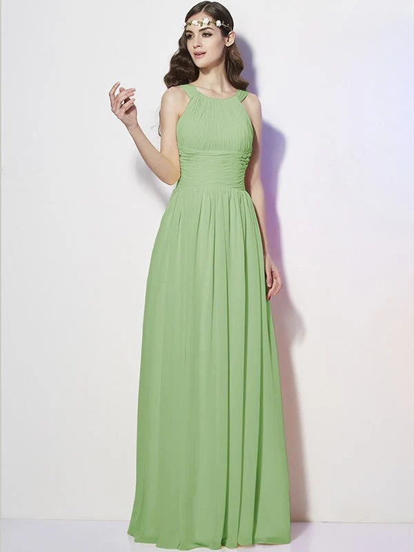 Modern Bateau Sleeveless Pleats Long Chiffon Bridesmaid Dresses - Image 26