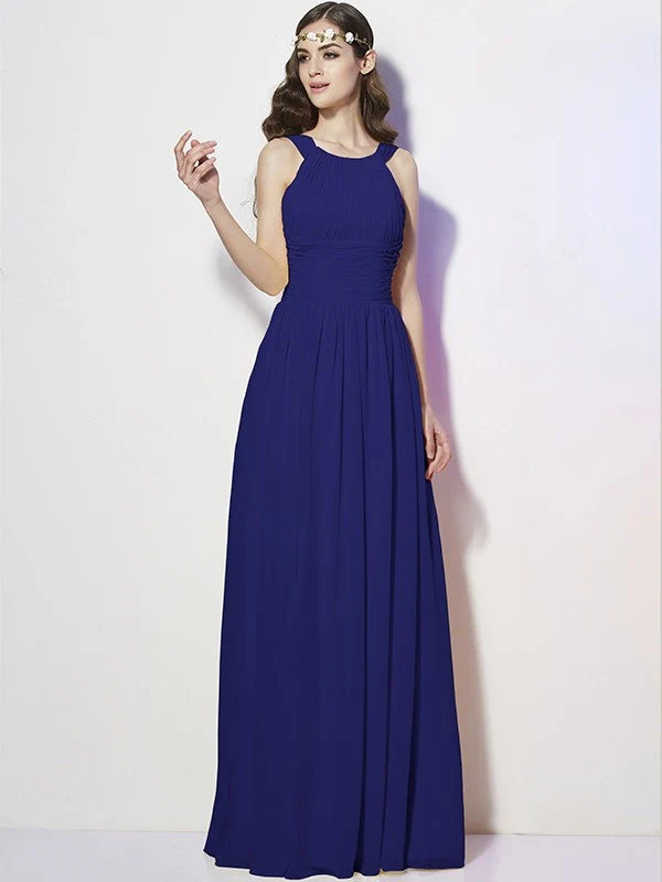 Modern Bateau Sleeveless Pleats Long Chiffon Bridesmaid Dresses - Image 27