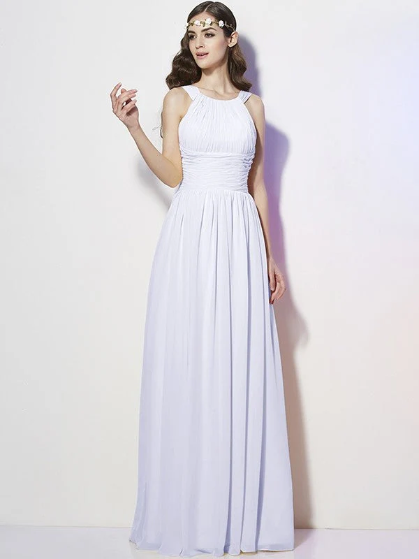 Modern Bateau Sleeveless Pleats Long Chiffon Bridesmaid Dresses - Image 28