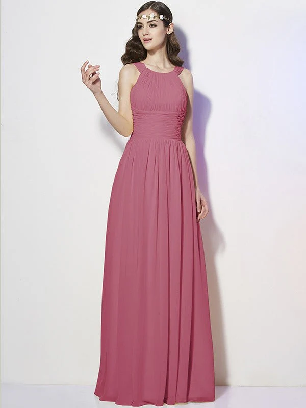 Modern Bateau Sleeveless Pleats Long Chiffon Bridesmaid Dresses - Image 29