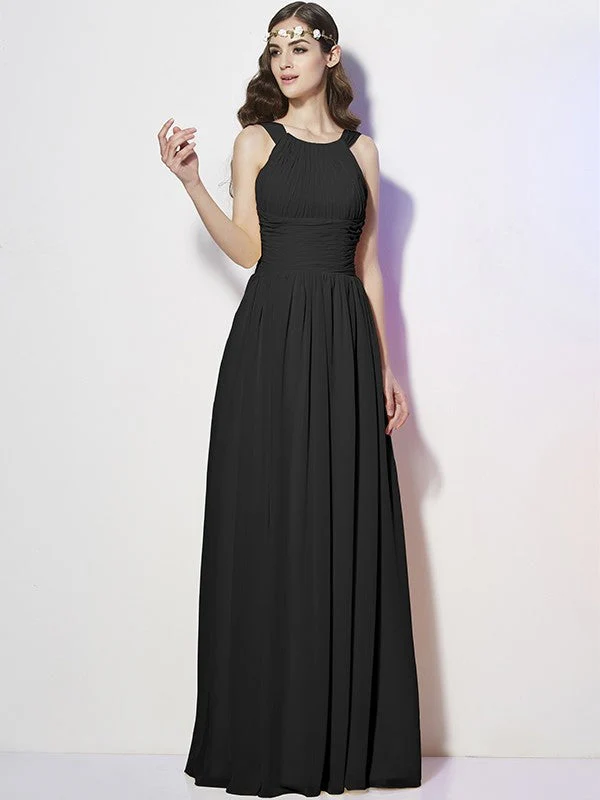 Modern Bateau Sleeveless Pleats Long Chiffon Bridesmaid Dresses - Image 3