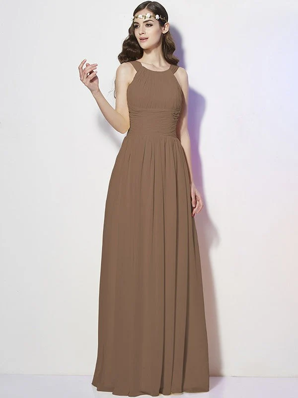 Modern Bateau Sleeveless Pleats Long Chiffon Bridesmaid Dresses - Image 4
