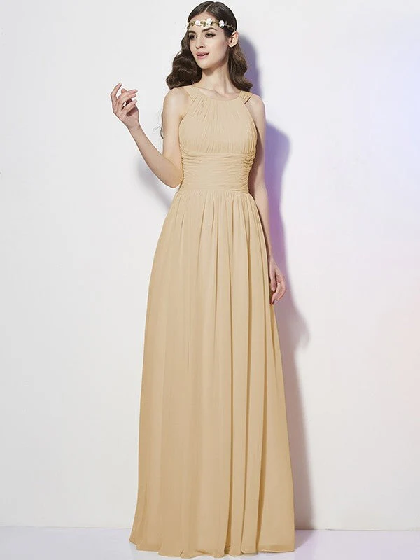 Modern Bateau Sleeveless Pleats Long Chiffon Bridesmaid Dresses - Image 5