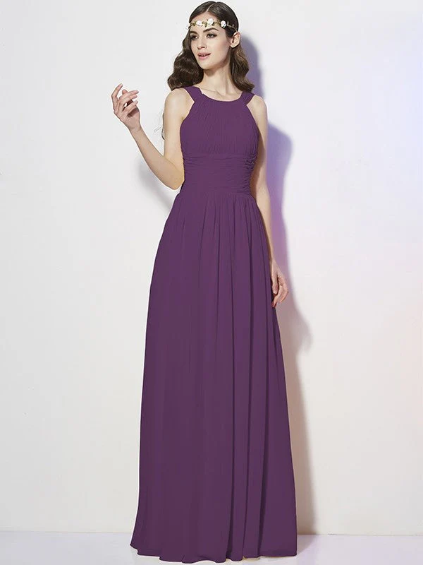 Modern Bateau Sleeveless Pleats Long Chiffon Bridesmaid Dresses - Image 6