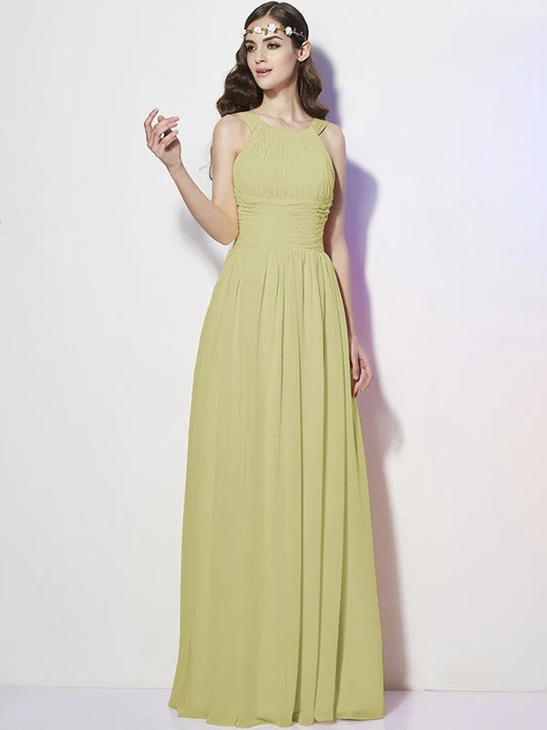 Modern Bateau Sleeveless Pleats Long Chiffon Bridesmaid Dresses - Image 7