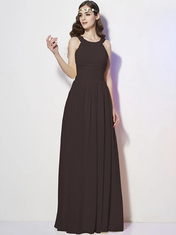 Modern Bateau Sleeveless Pleats Long Chiffon Bridesmaid Dresses - Image 8