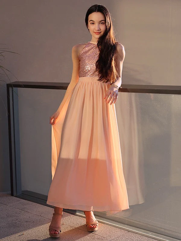 Amazing Chiffon Sequin Scoop Sleeveless Ankle-Length Junior/Girls Bridesmaid Dresses - Image 2