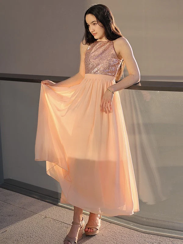 Amazing Chiffon Sequin Scoop Sleeveless Ankle-Length Junior/Girls Bridesmaid Dresses - Image 3