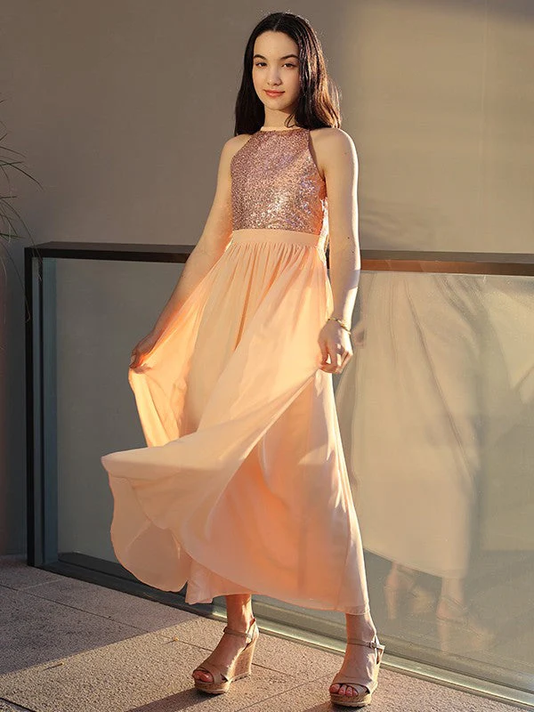 Amazing Chiffon Sequin Scoop Sleeveless Ankle-Length Junior/Girls Bridesmaid Dresses - Image 4