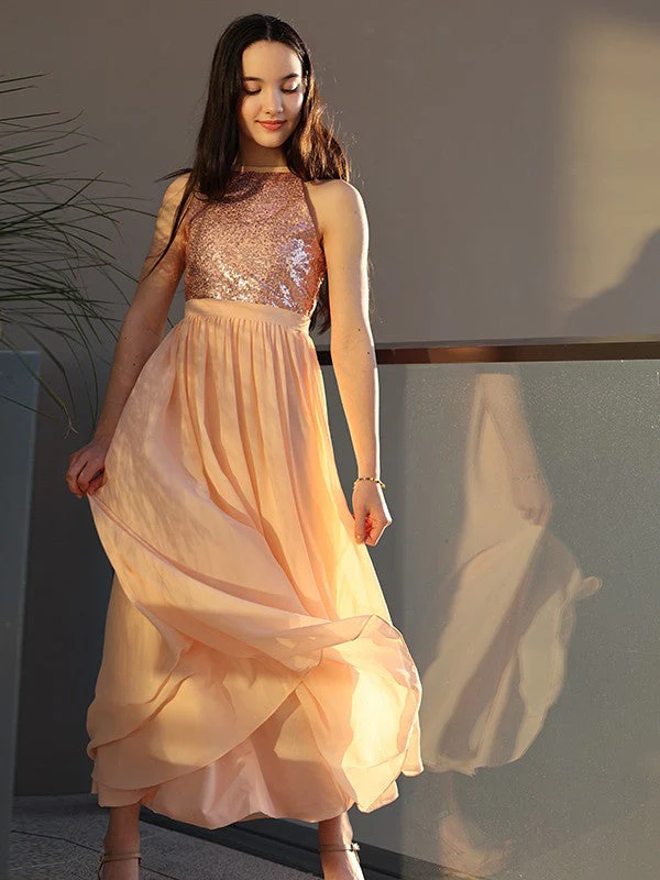Amazing Chiffon Sequin Scoop Sleeveless Ankle-Length Junior/Girls Bridesmaid Dresses - Image 5
