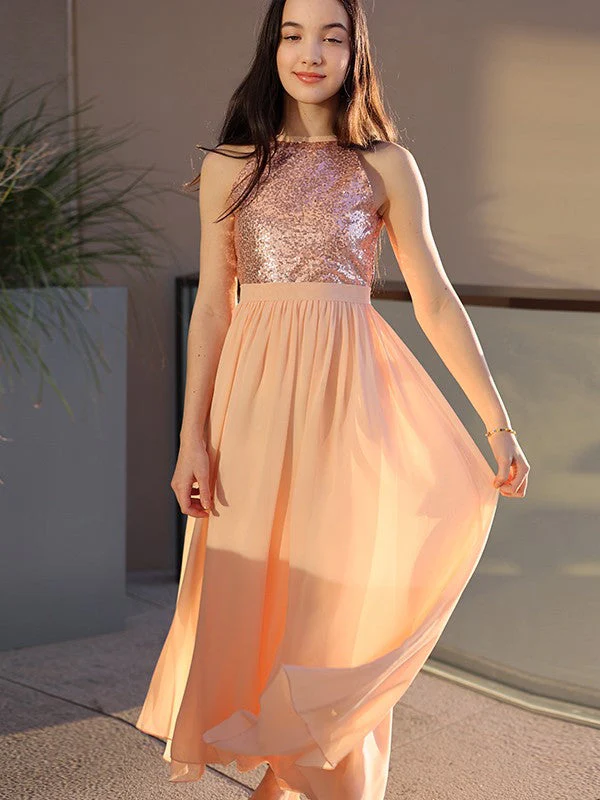 Amazing Chiffon Sequin Scoop Sleeveless Ankle-Length Junior/Girls Bridesmaid Dresses - Image 6