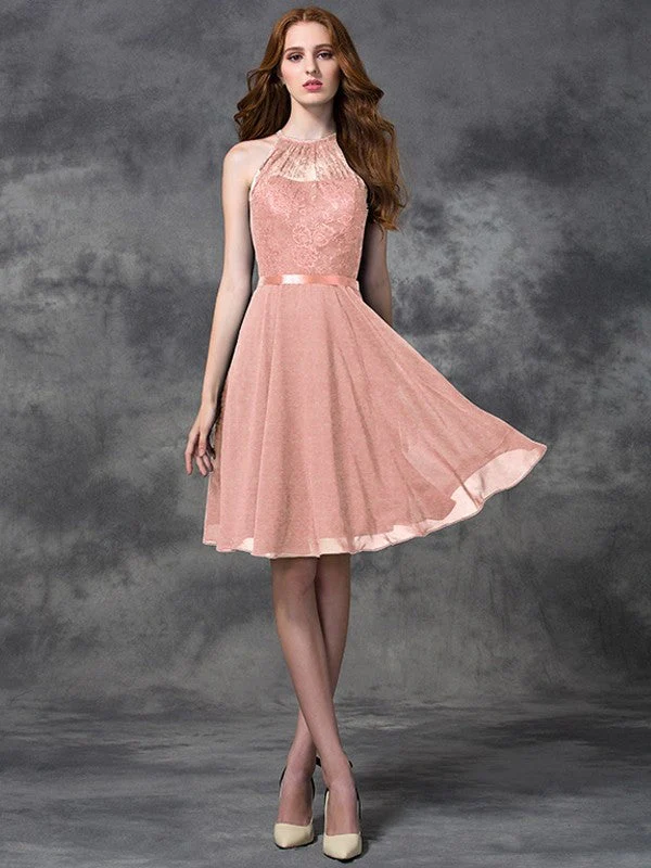 Charming Halter Lace Sleeveless Short Chiffon Bridesmaid Dresses - Image 21