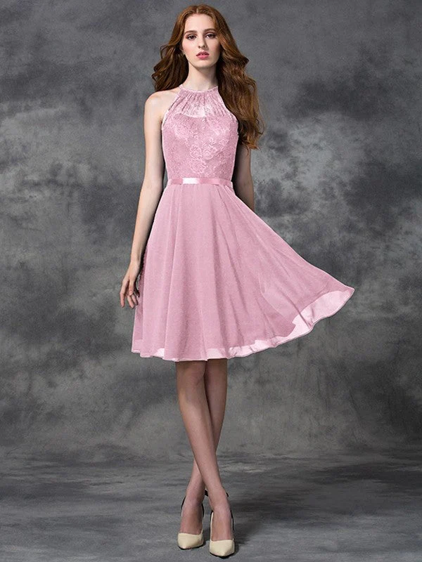 Charming Halter Lace Sleeveless Short Chiffon Bridesmaid Dresses - Image 22