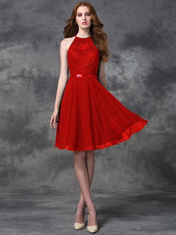 Charming Halter Lace Sleeveless Short Chiffon Bridesmaid Dresses - Image 23