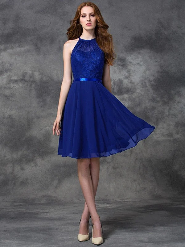 Charming Halter Lace Sleeveless Short Chiffon Bridesmaid Dresses - Image 25