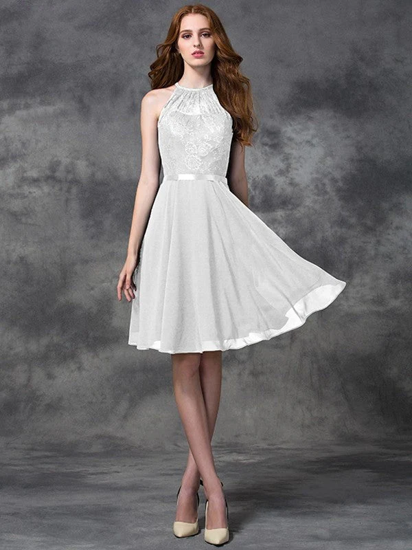 Charming Halter Lace Sleeveless Short Chiffon Bridesmaid Dresses - Image 29