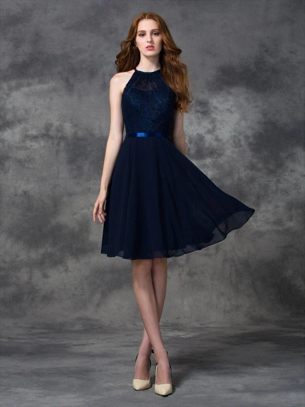 Charming Halter Lace Sleeveless Short Chiffon Bridesmaid Dresses - Image 32