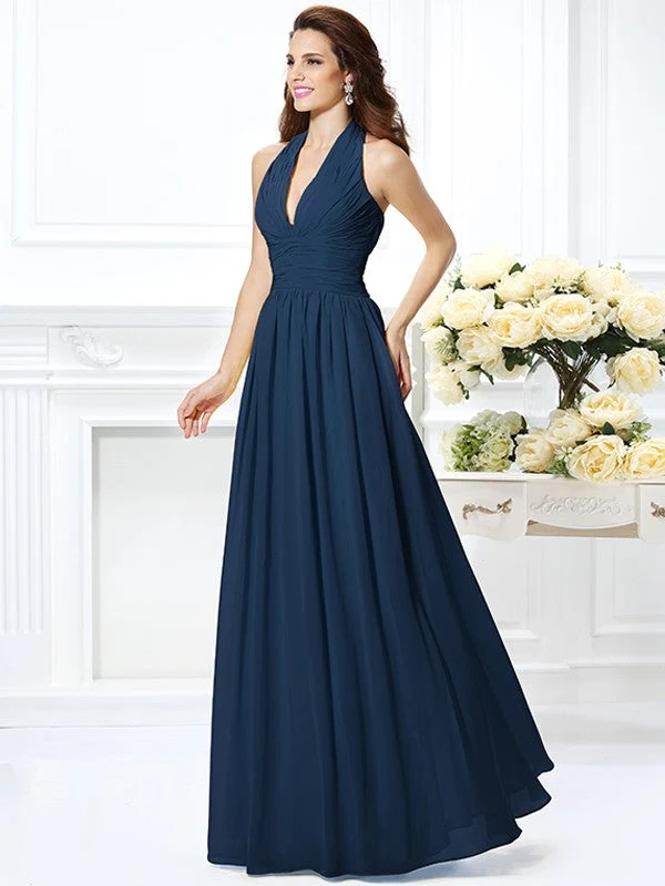 Charming Halter Pleats Sleeveless Long Chiffon Bridesmaid Dresses - Image 10