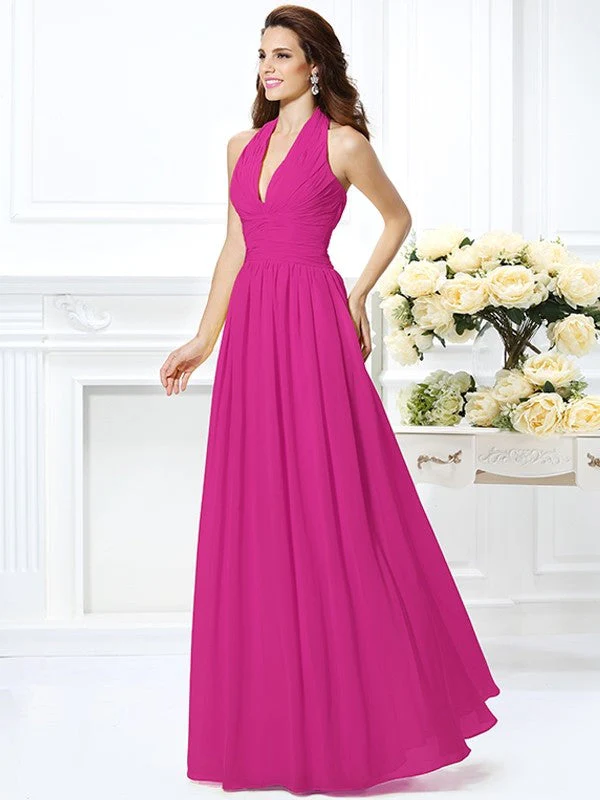 Charming Halter Pleats Sleeveless Long Chiffon Bridesmaid Dresses - Image 11