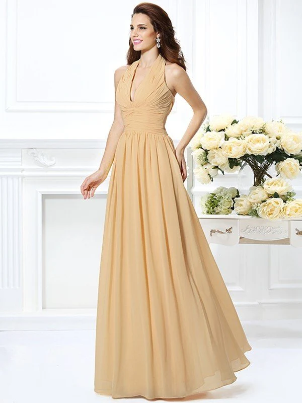 Charming Halter Pleats Sleeveless Long Chiffon Bridesmaid Dresses - Image 12