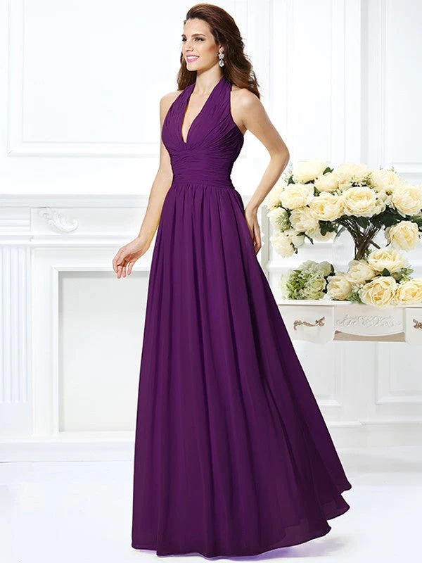 Charming Halter Pleats Sleeveless Long Chiffon Bridesmaid Dresses - Image 13