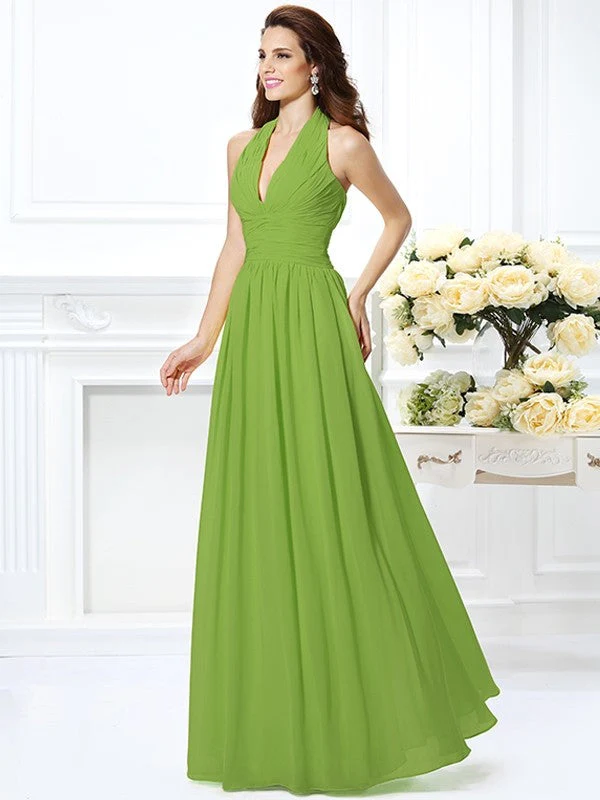 Charming Halter Pleats Sleeveless Long Chiffon Bridesmaid Dresses - Image 14