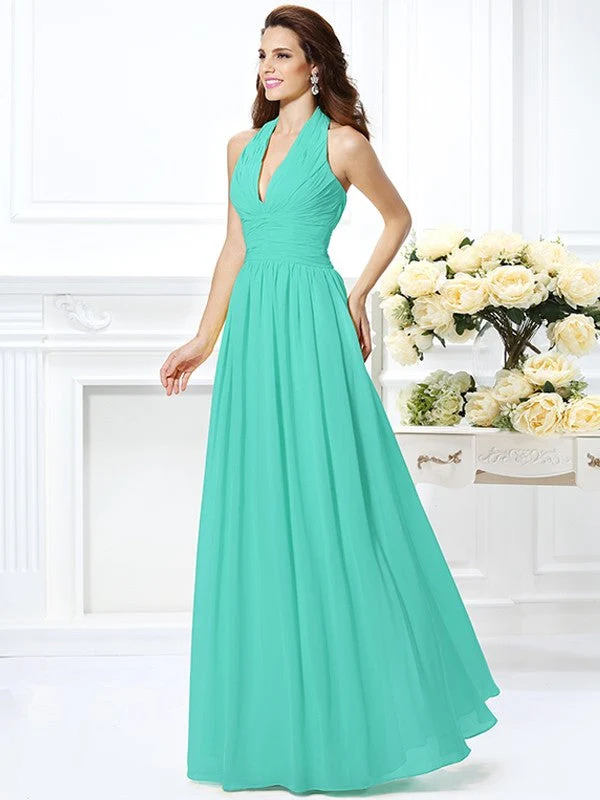 Charming Halter Pleats Sleeveless Long Chiffon Bridesmaid Dresses - Image 15