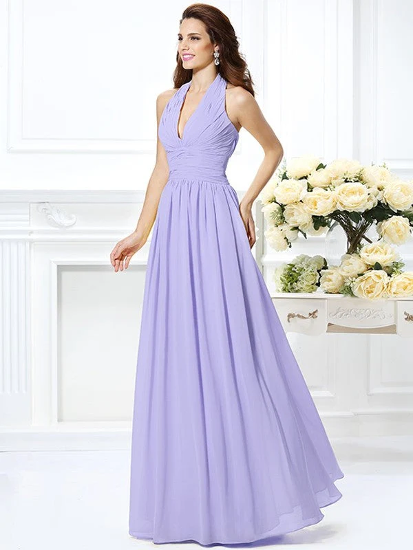 Charming Halter Pleats Sleeveless Long Chiffon Bridesmaid Dresses - Image 17