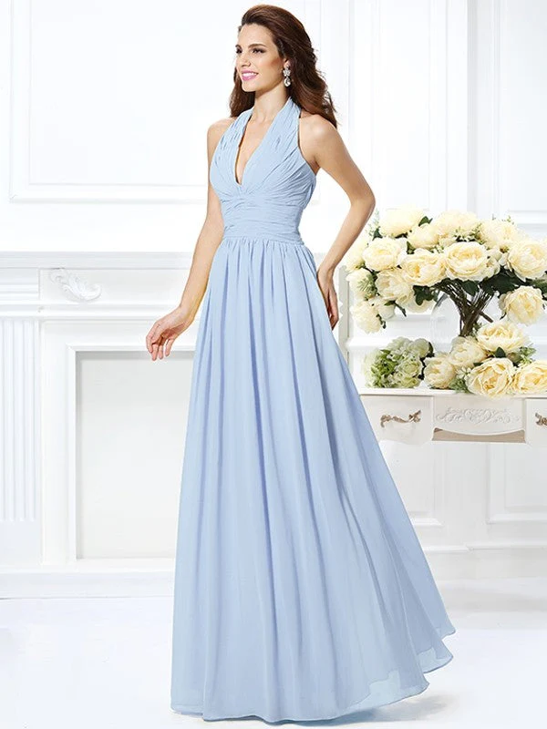 Charming Halter Pleats Sleeveless Long Chiffon Bridesmaid Dresses - Image 18